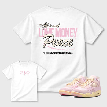 Love Money Peace sneaker match t-shirt styled to complete your sneaker outfitwith the Air Jordan 4 Iced Carmine sneakers, shown in White.