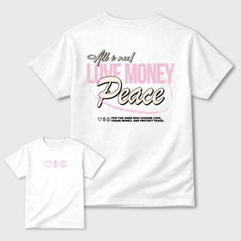Love Money Peace sneaker match t-shirt styled to complete your sneaker outfitwith the AJ4 Iced Carmine, shown in White.