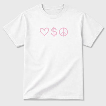 Love Money Peace sneaker match t-shirt styled to complete your sneaker outfitwith the AJ4 Iced Carmine, shown in White.