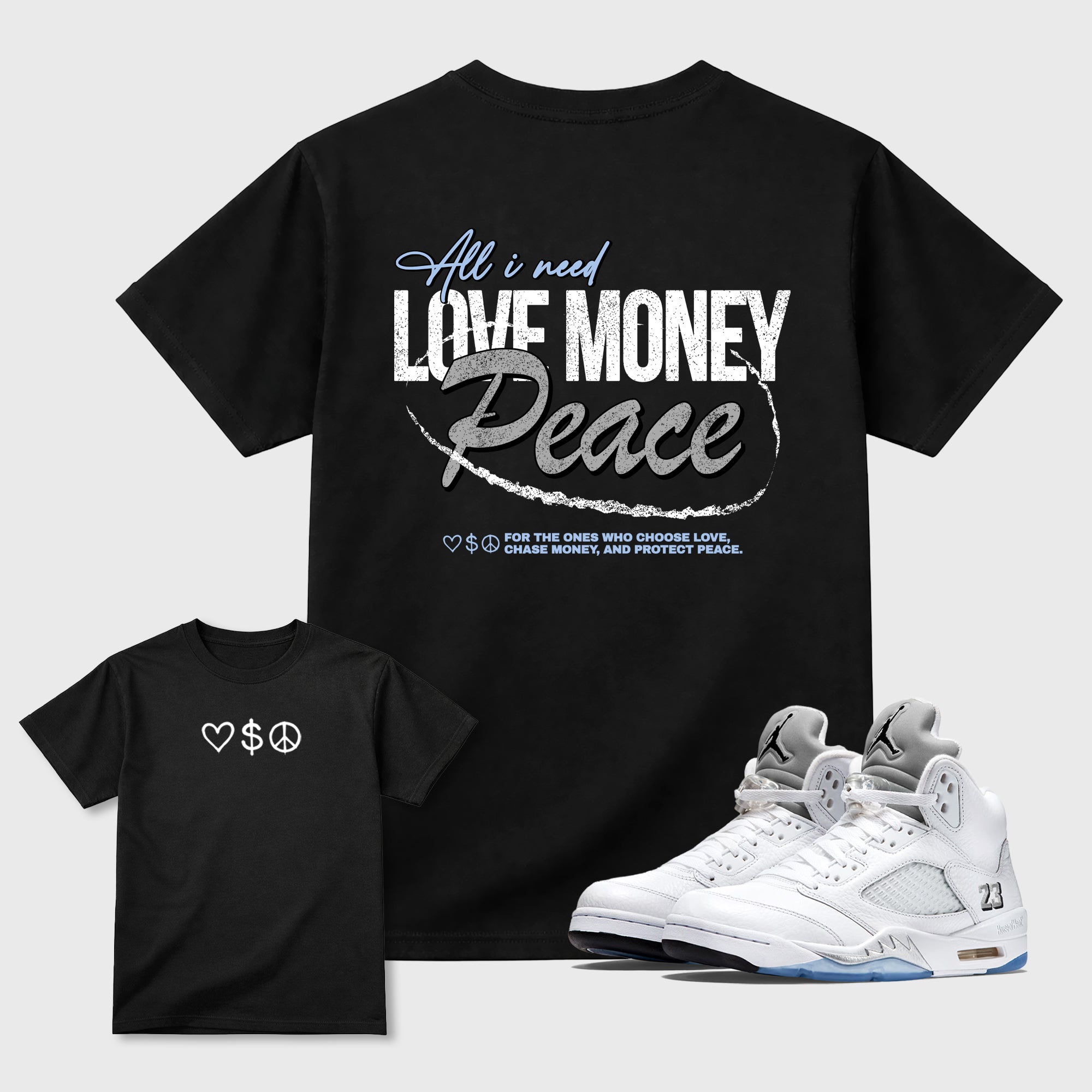 Love Money Peace front and back graphic t-shirt styled to complete your outfit with the5s White Metallic, shown in Black.