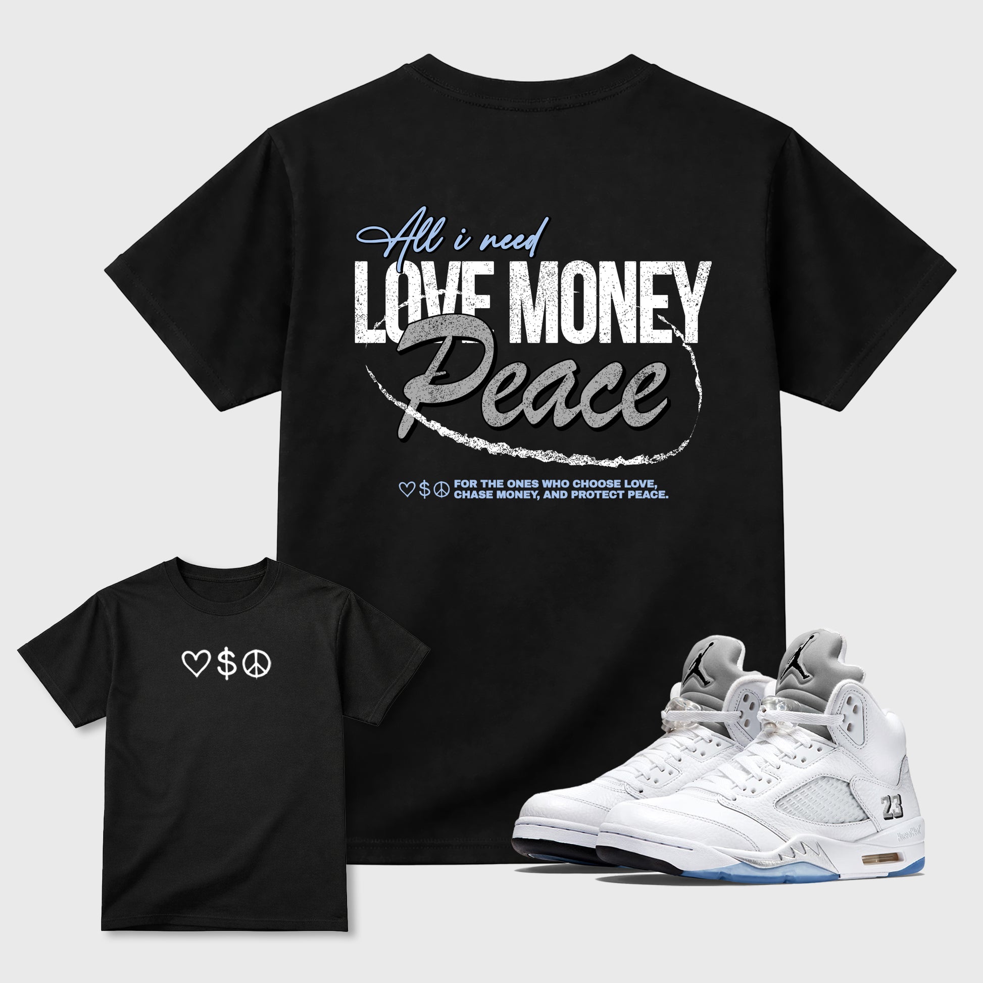 Love Money Peace front and back graphic t-shirt styled to complete your outfit with the5s White Metallic, shown in Black.