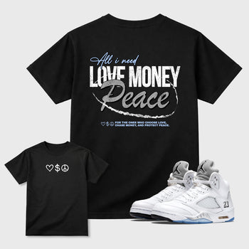 Love Money Peace front and back graphic t-shirt styled to complete your outfit with the5s White Metallic, shown in Black.