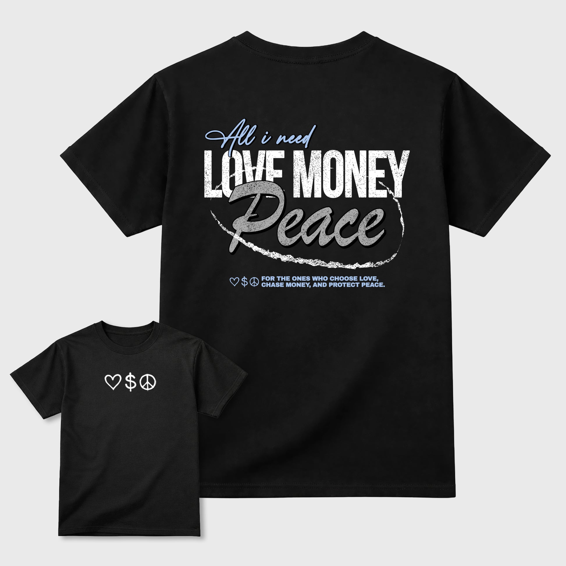 Love Money Peace front and back graphic t-shirt styled to complete your outfit with the5s White Metallic, shown in Black.
