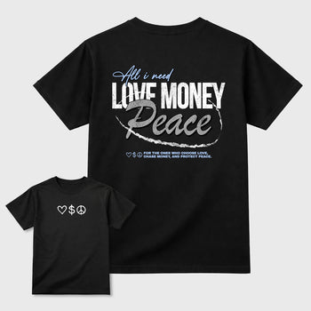 Love Money Peace front and back graphic t-shirt styled to complete your outfit with the5s White Metallic, shown in Black.