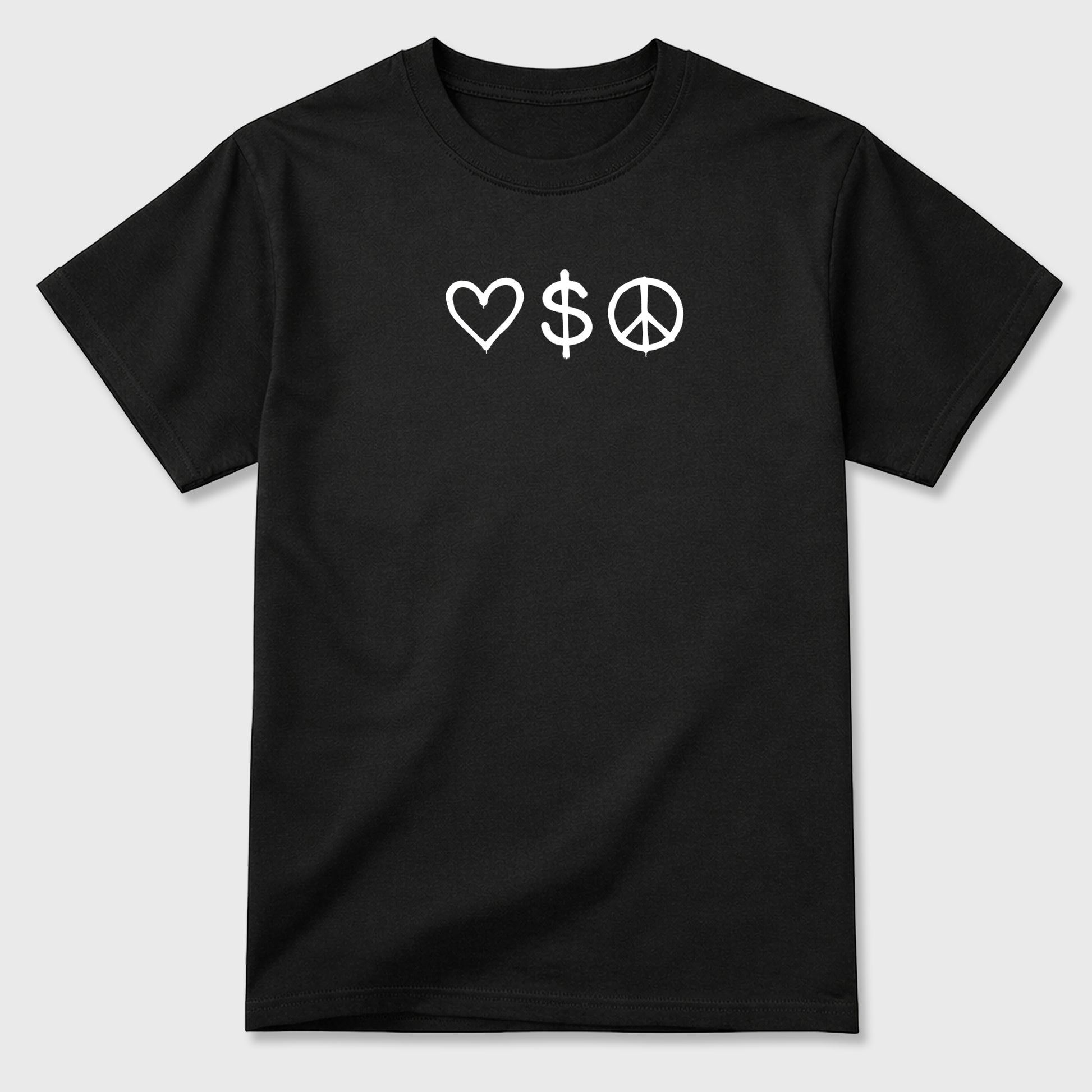 Love Money Peace front and back graphic t-shirt styled to complete your outfit with the5s White Metallic, shown in Black.