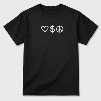 Love Money Peace front and back graphic t-shirt styled to complete your outfit with the5s White Metallic, shown in Black.