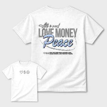 Love Money Peace front and back graphic t-shirt styled to complete your outfit with the5s White Metallic, shown in White.