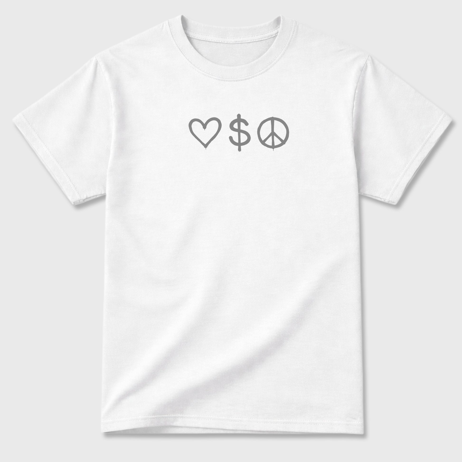 Love Money Peace front and back graphic t-shirt styled to complete your outfit with the5s White Metallic, shown in White.