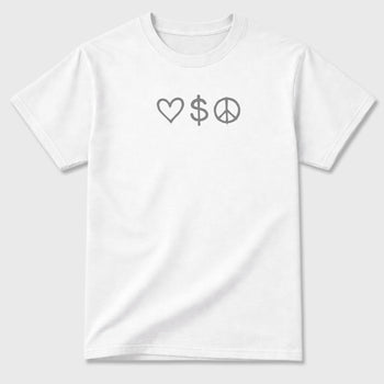 Love Money Peace front and back graphic t-shirt styled to complete your outfit with the5s White Metallic, shown in White.