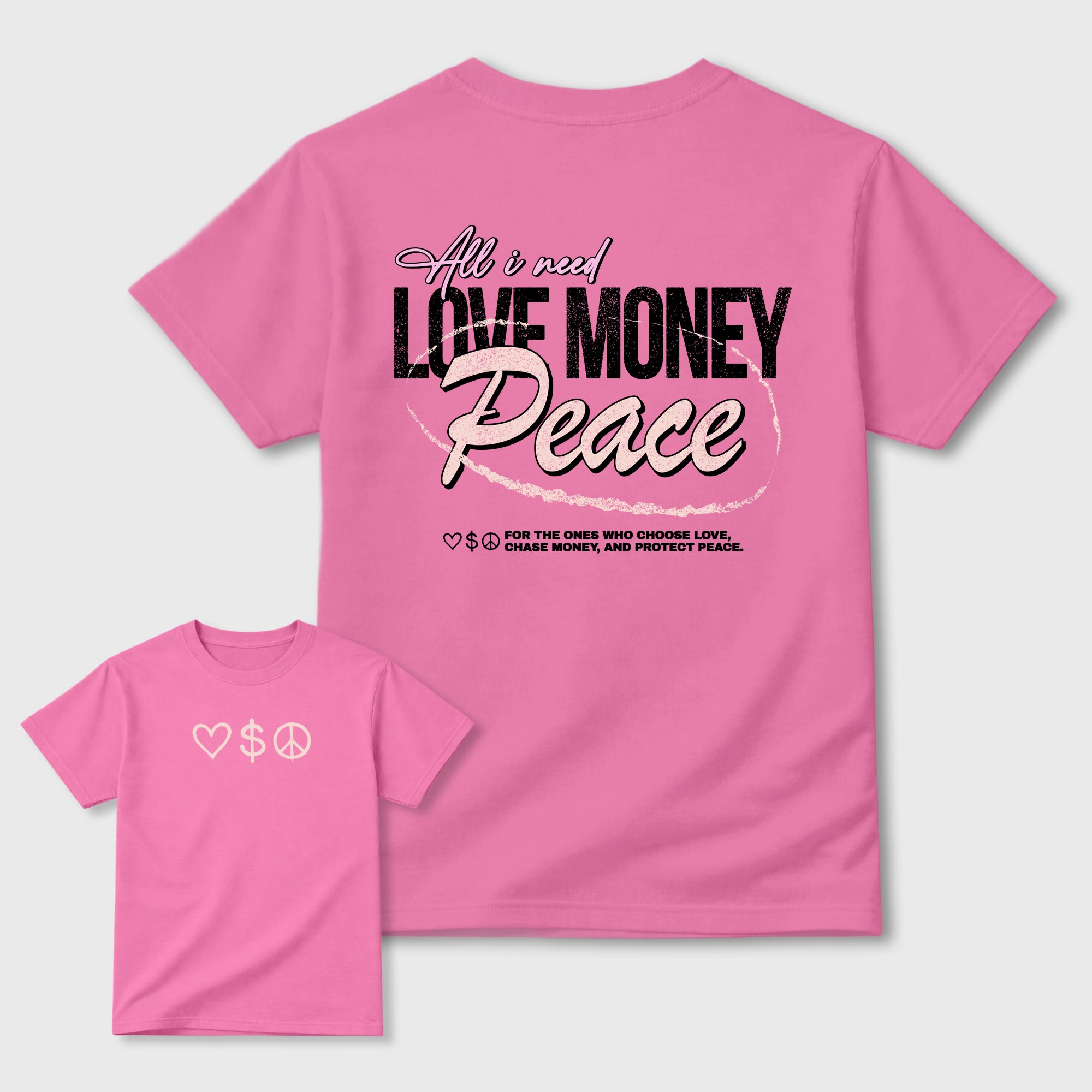 Love Money Peace Graphic T-Shirt featuring original streetwear artwork designed to complement the layered pink tones of the Air Jordan 6 Playful Pink.  Bubble Gum Graphic T-Shirt.