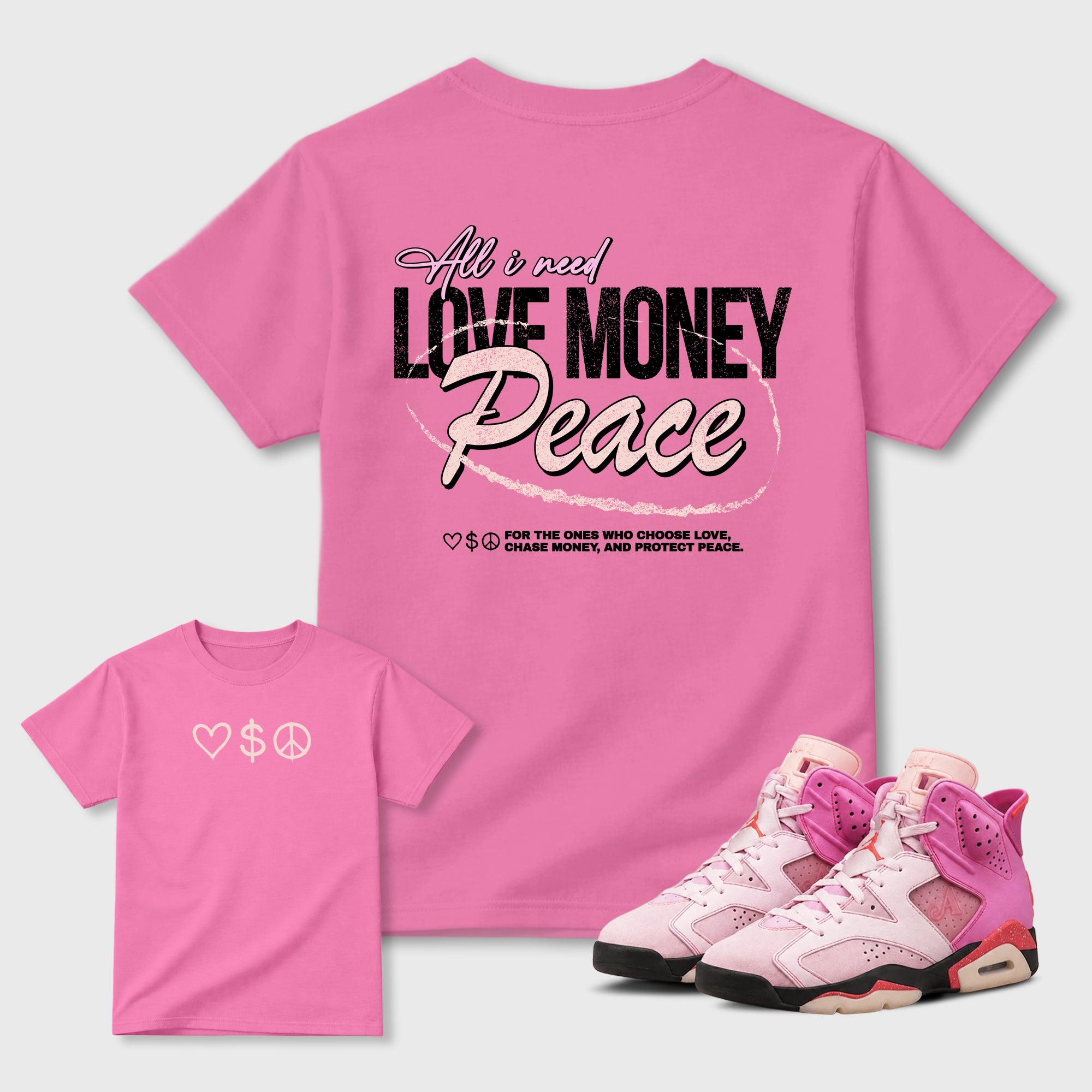 Love Money Peace Graphic T-Shirt featuring original streetwear artwork designed to complement the layered pink tones of the Air Jordan 6 Playful Pink. Bubble Gum Graphic T-Shirt.