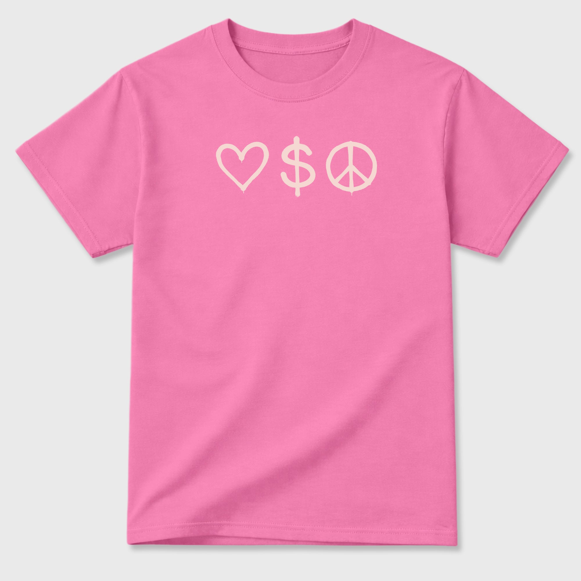 Love Money Peace Graphic T-Shirt featuring original streetwear artwork designed to complement the layered pink tones of the Air Jordan 6 Playful Pink. Bubble Gum Graphic T-Shirt.
