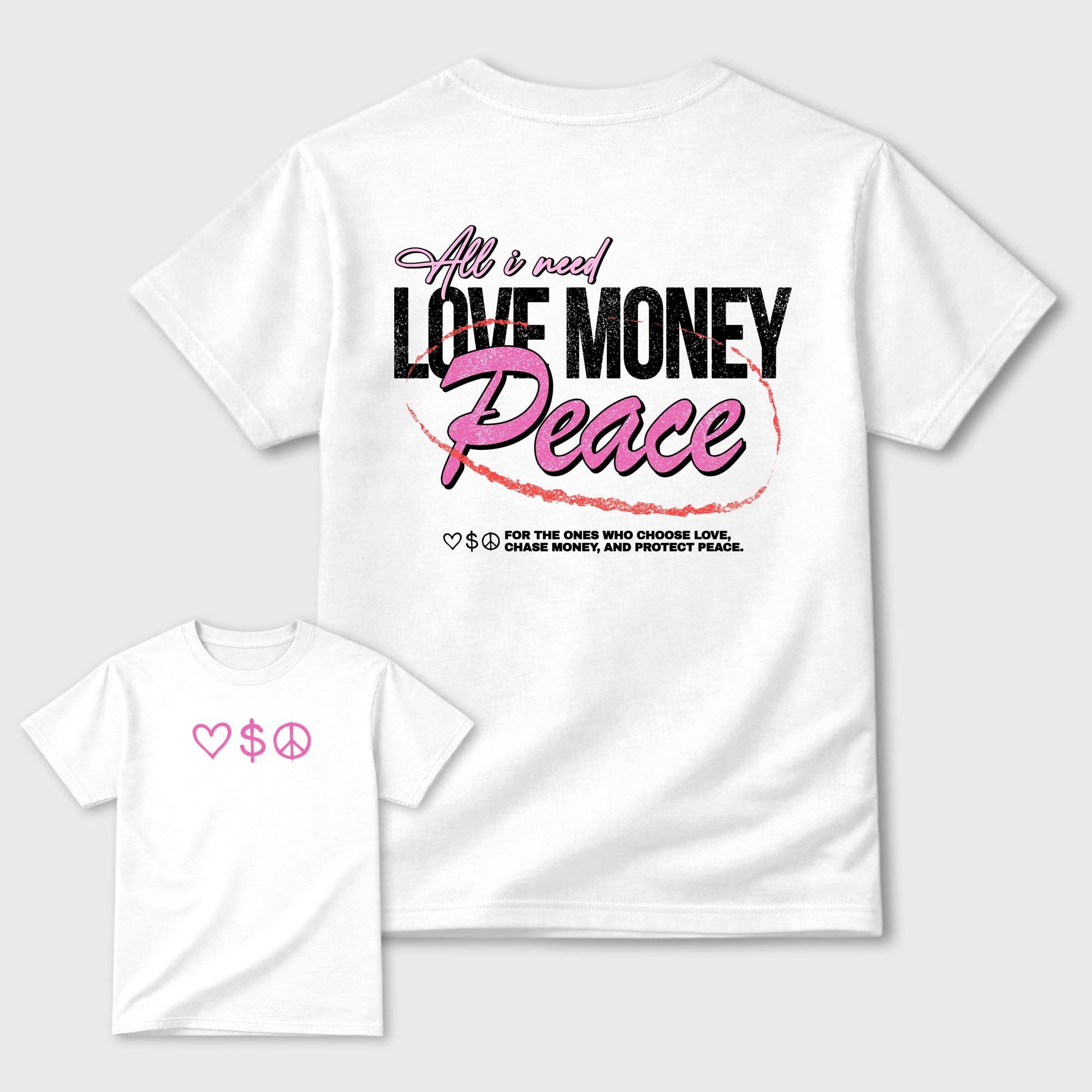 Love Money Peace Graphic T-Shirt featuring original streetwear artwork designed to complement the layered pink tones of the Air Jordan 6 Playful Pink. White Graphic T-Shirt.