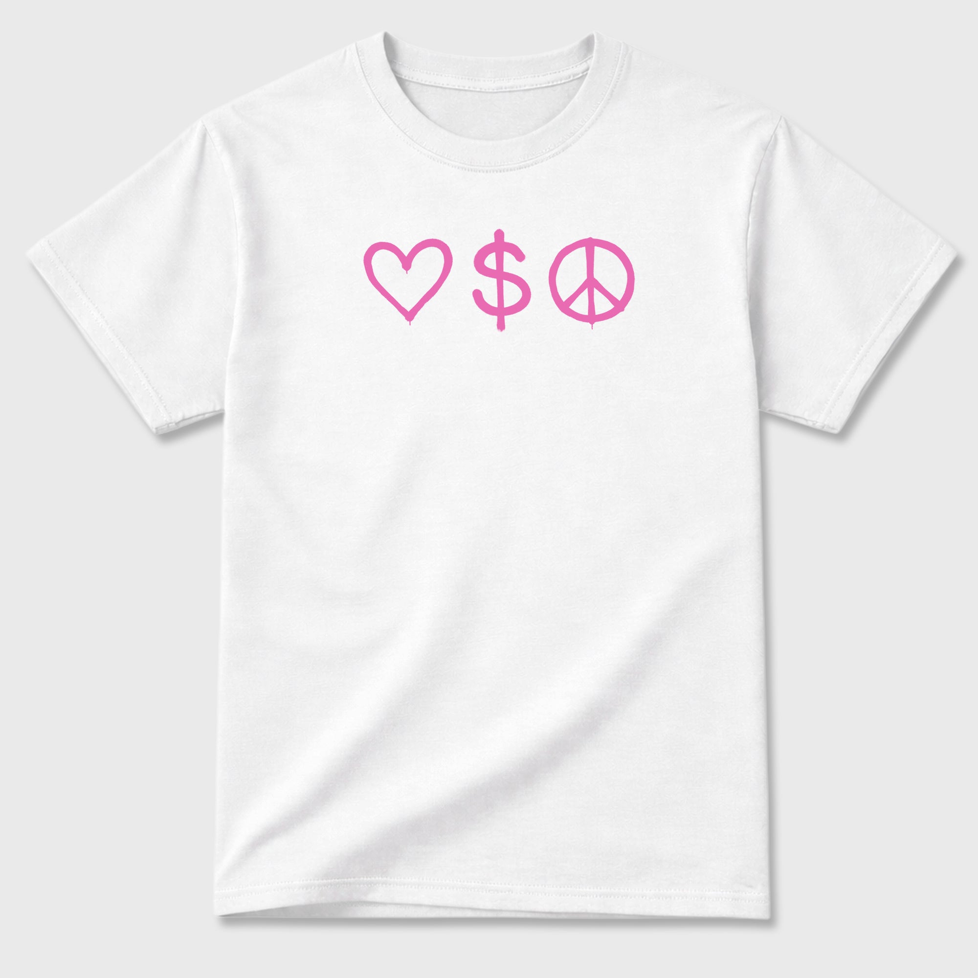 Love Money Peace Graphic T-Shirt featuring original streetwear artwork designed to complement the layered pink tones of the Air Jordan 6 Playful Pink. White Graphic T-Shirt.