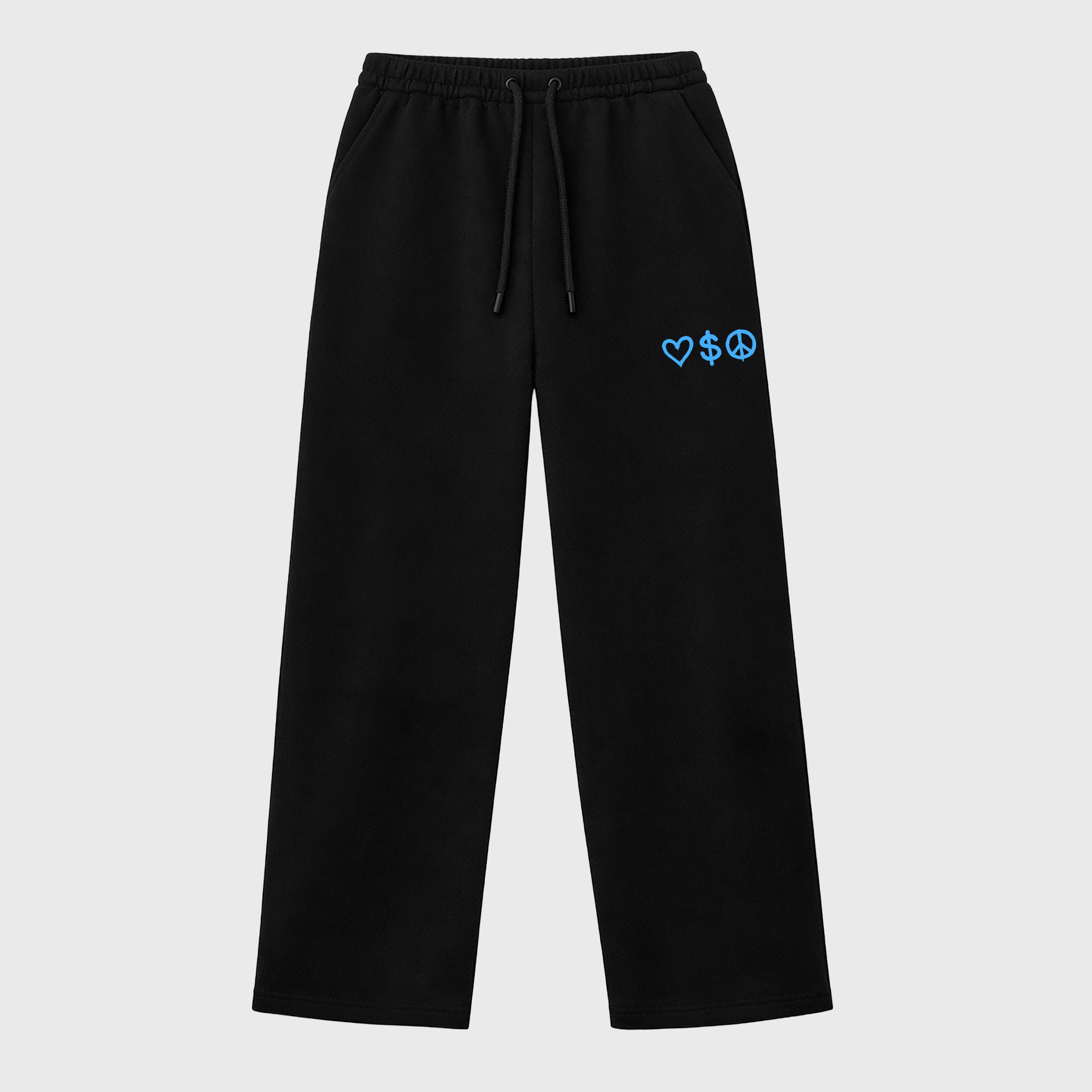 Unisex graphic sweatpants wide – Sneaker Tees To Match Air Jordan 14 University Blue Shoes – Love Money Peace Symbol sweatpants Black 1