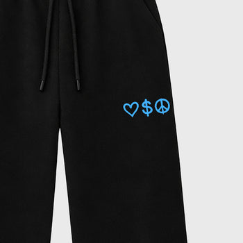 Unisex graphic sweatpants wide – Sneaker Tees To Match Air Jordan 14 University Blue Shoes – Love Money Peace Symbol sweatpants Black 2