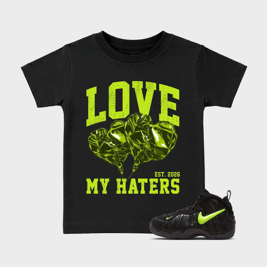Sneaker match tees – Sneaker Tees To Match Air Foamposite Pro Black Shoes – Love My Haters Kids T-Shirt Black 1