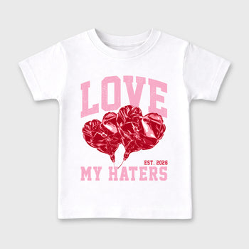 Love My Haters affordable baby and kids t-shirt designed to match the Air Jordan 1 Travis Scott Tropical Pink, featuring coordinated White 2 options for the perfect little sneakerhead streetwear look.