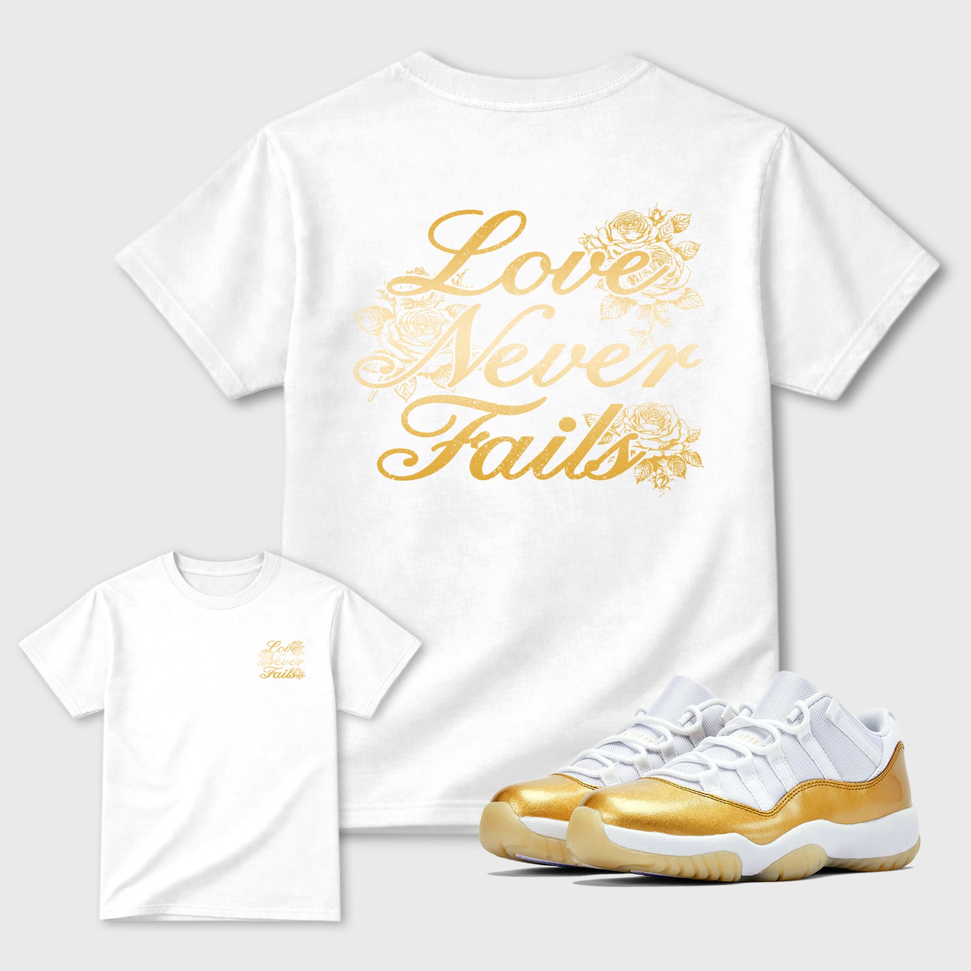Love Never Fails front and back graphic tee styled to complete your fit with the Air Jordan 11 Mother's Day sneakers, shown in White.