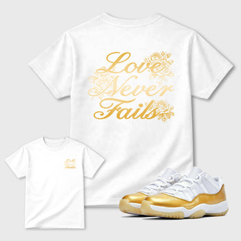 Love Never Fails front and back graphic tee styled to complete your fit with the Air Jordan 11 Mother's Day sneakers, shown in White.