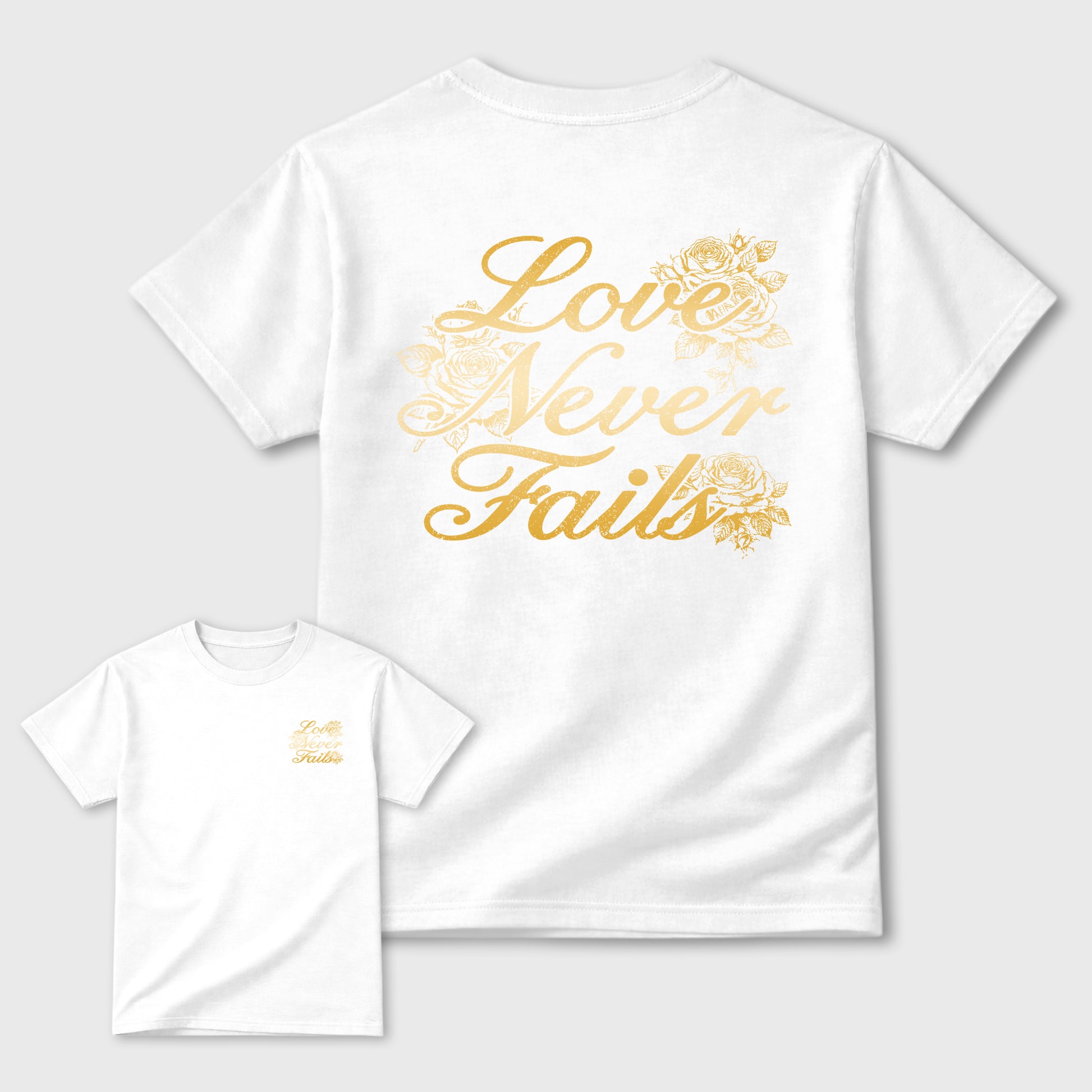 Love Never Fails front and back graphic tee styled to complete your fit with the 11s Mother's Day Gold, shown in White.
