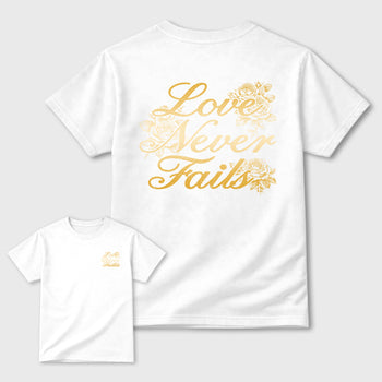 Love Never Fails front and back graphic tee styled to complete your fit with the 11s Mother's Day Gold, shown in White.