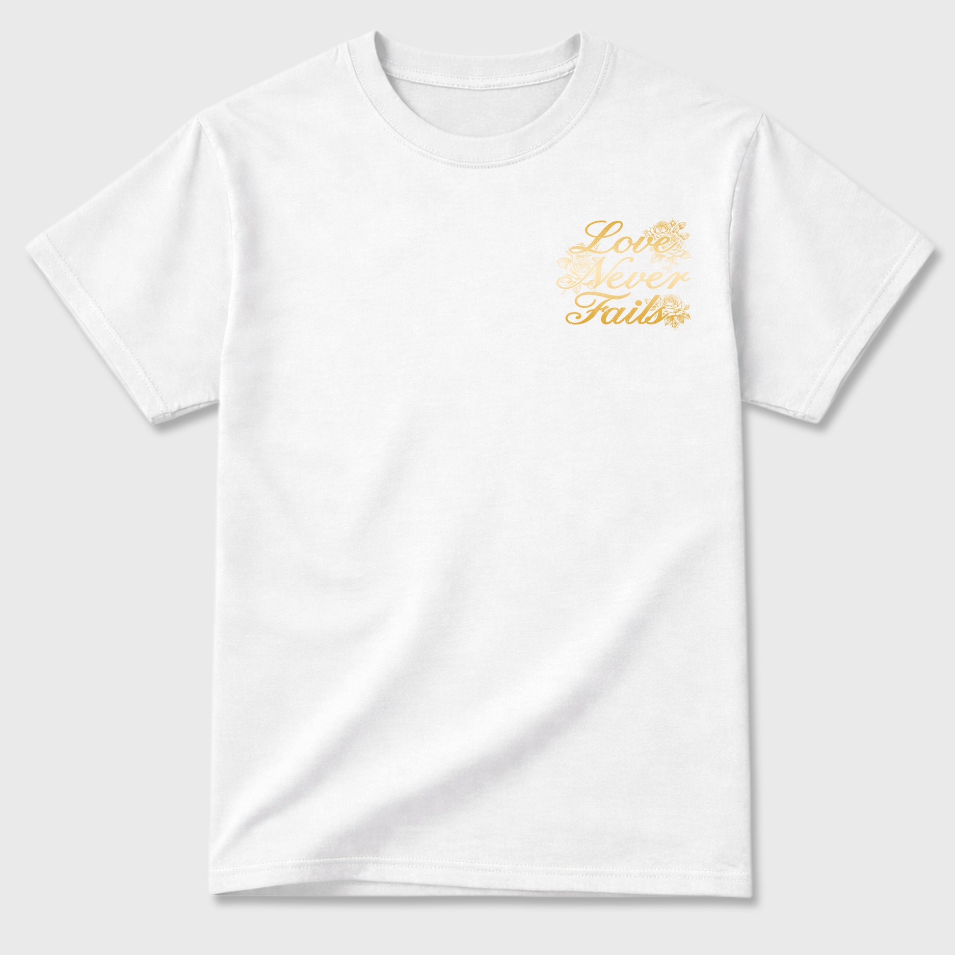 Love Never Fails front and back graphic tee styled to complete your fit with the 11s Mother's Day Gold, shown in White.