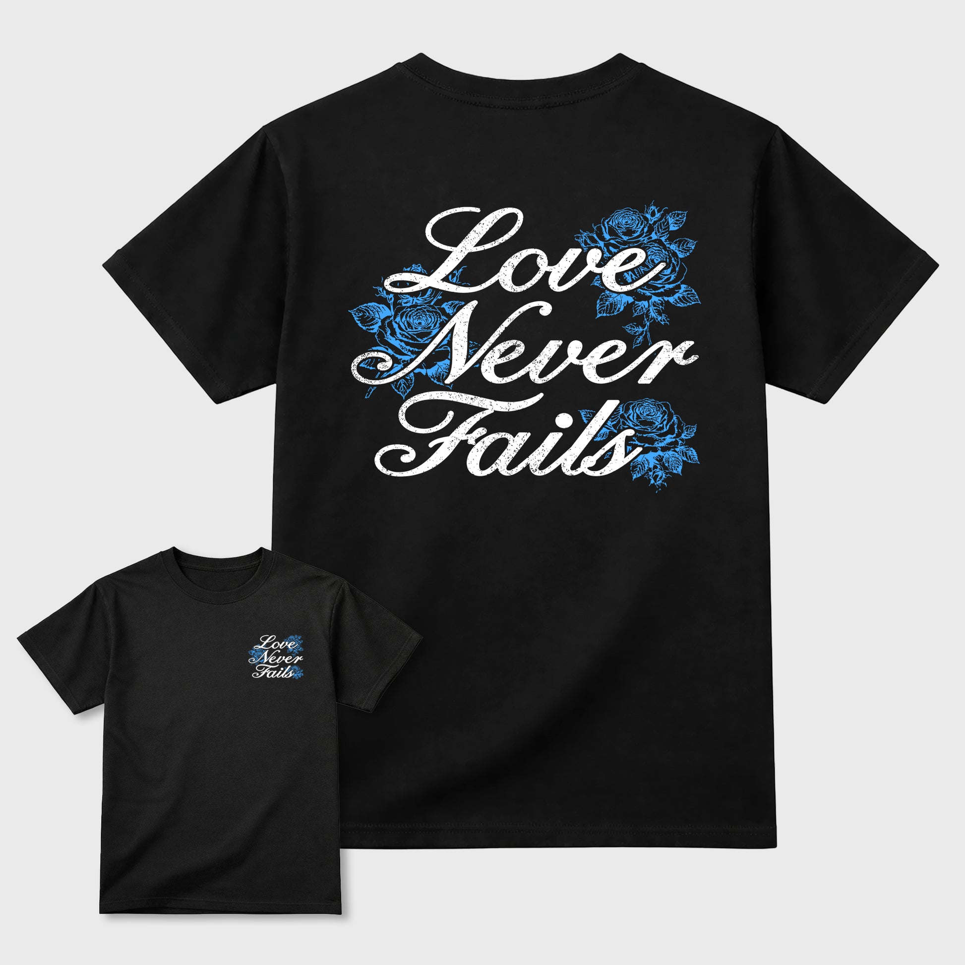 Love Never Fails front and back graphic t-shirt styled to complete your outfit with the11s UNC, shown in Black.