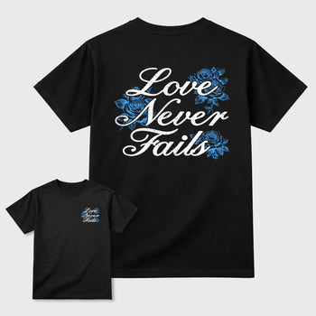 Love Never Fails front and back graphic t-shirt styled to complete your outfit with the11s UNC, shown in Black.