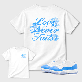 Love Never Fails front and back graphic t-shirt styled to complete your outfit with theAir Jordan 11 University Blue sneakers, shown in White.