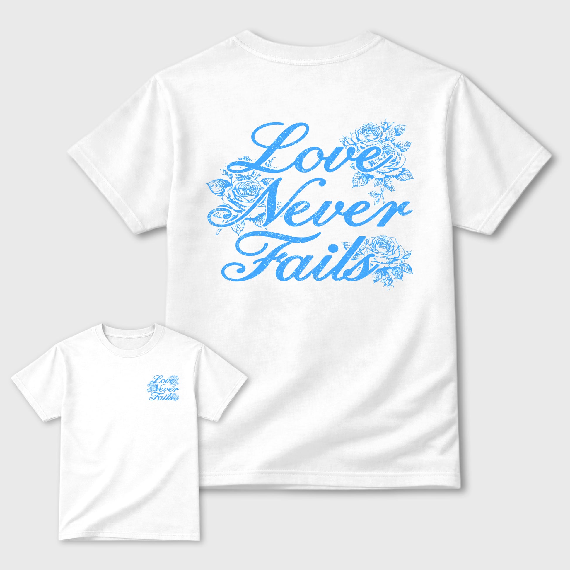 Love Never Fails front and back graphic t-shirt styled to complete your outfit with the11s UNC, shown in White.