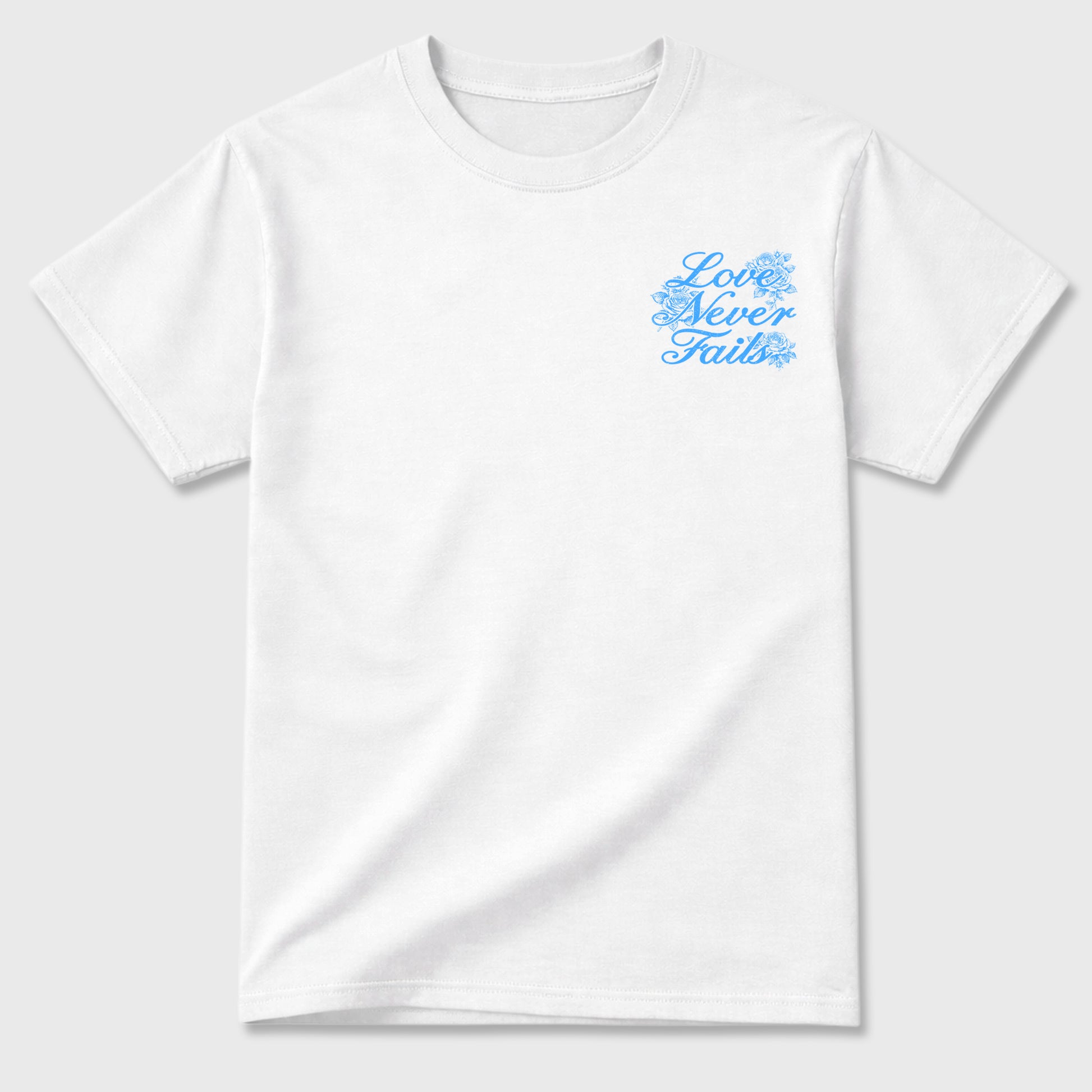 Love Never Fails front and back graphic t-shirt styled to complete your outfit with the11s UNC, shown in White.