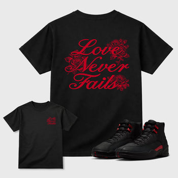 Love Never Fails sneaker match t-shirt styled to complete your fit with the 12s Bloodline, shown in Black.