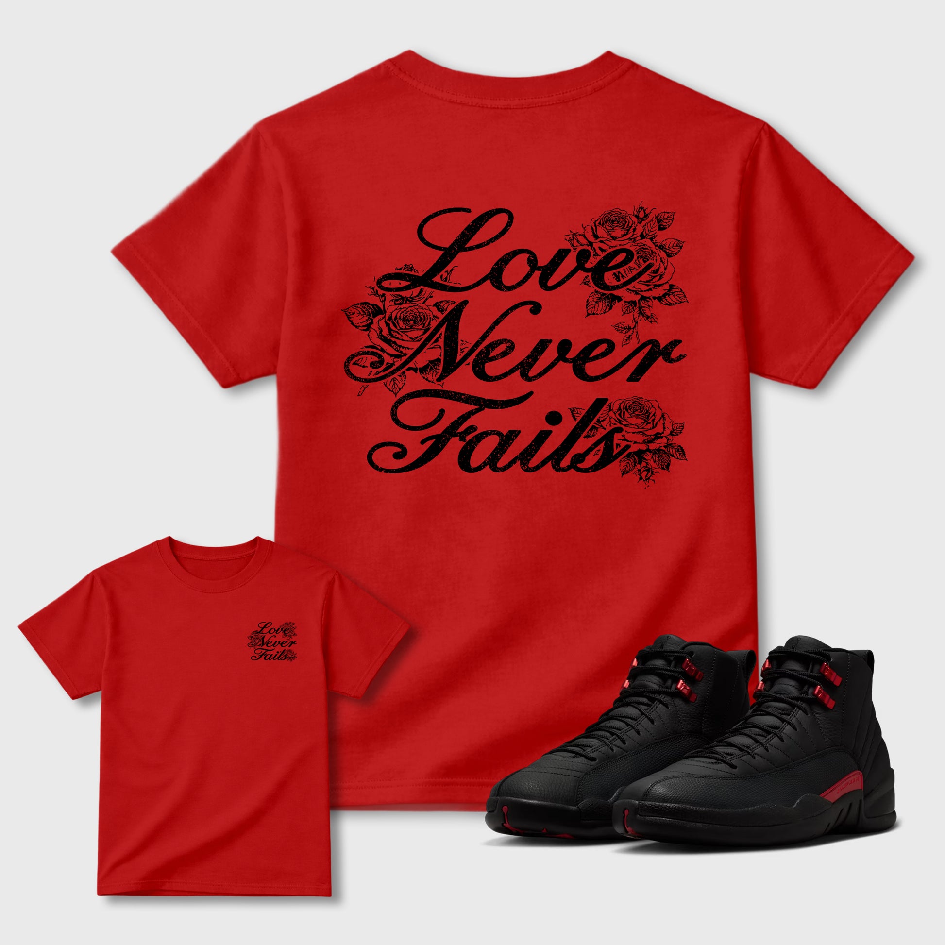 Love Never Fails sneaker match t-shirt styled to complete your fit with the Air Jordan 12 Bloodline sneakers, shown in Red.