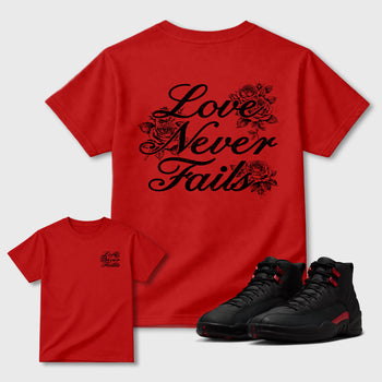 Love Never Fails sneaker match t-shirt styled to complete your fit with the Air Jordan 12 Bloodline sneakers, shown in Red.