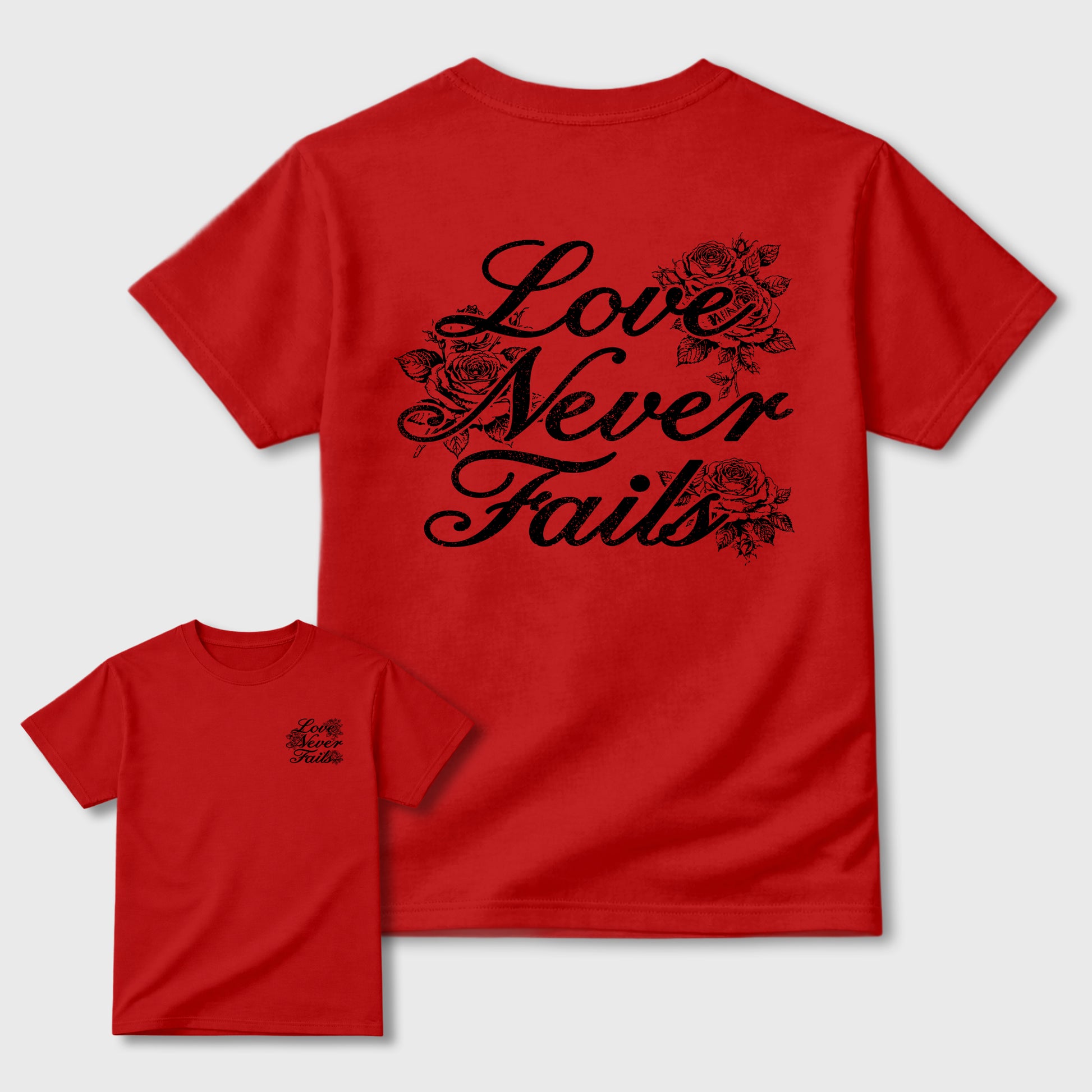 Love Never Fails sneaker match t-shirt styled to complete your fit with the 12s Bloodline, shown in Red.