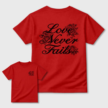 Love Never Fails sneaker match t-shirt styled to complete your fit with the 12s Bloodline, shown in Red.