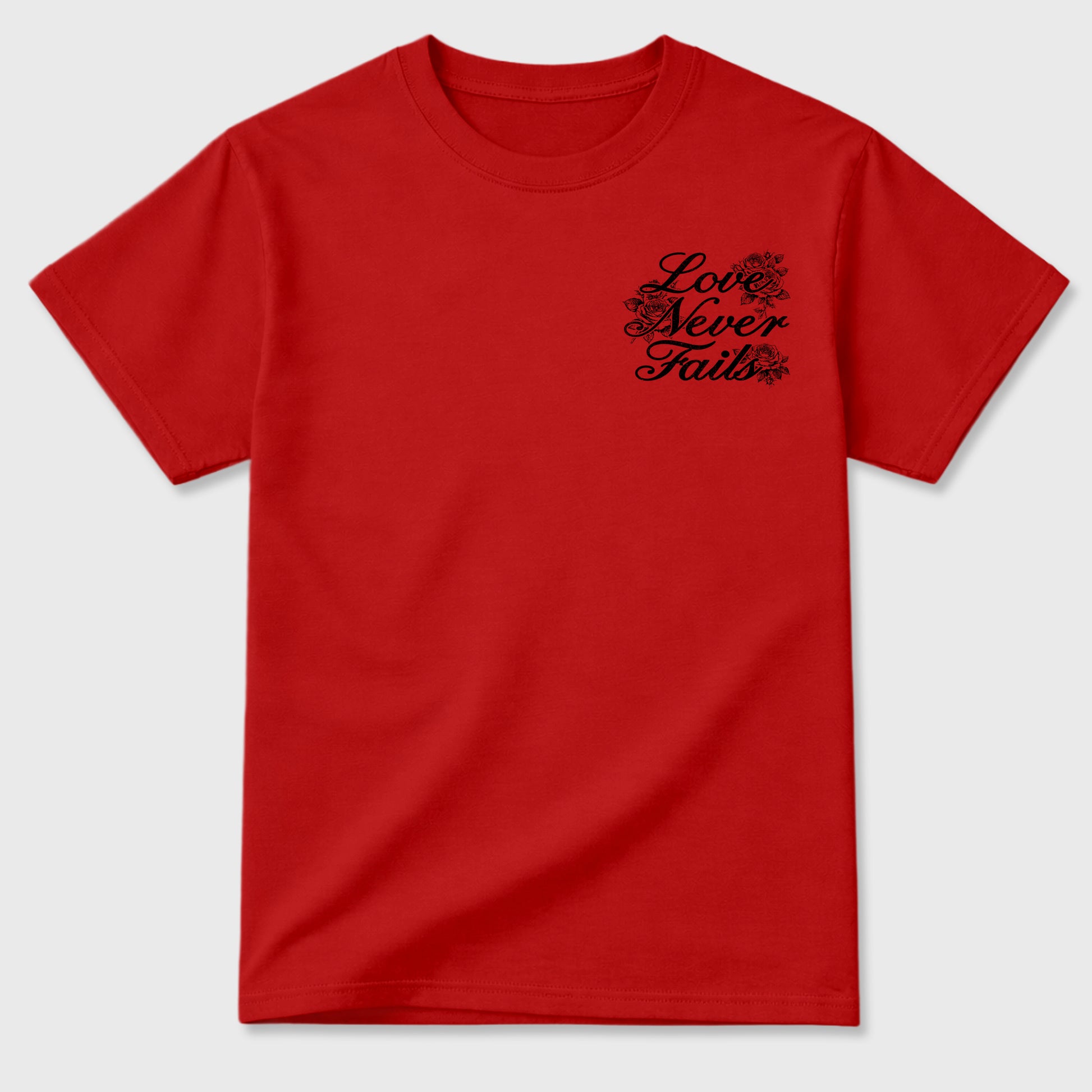 Love Never Fails sneaker match t-shirt styled to complete your fit with the 12s Bloodline, shown in Red.