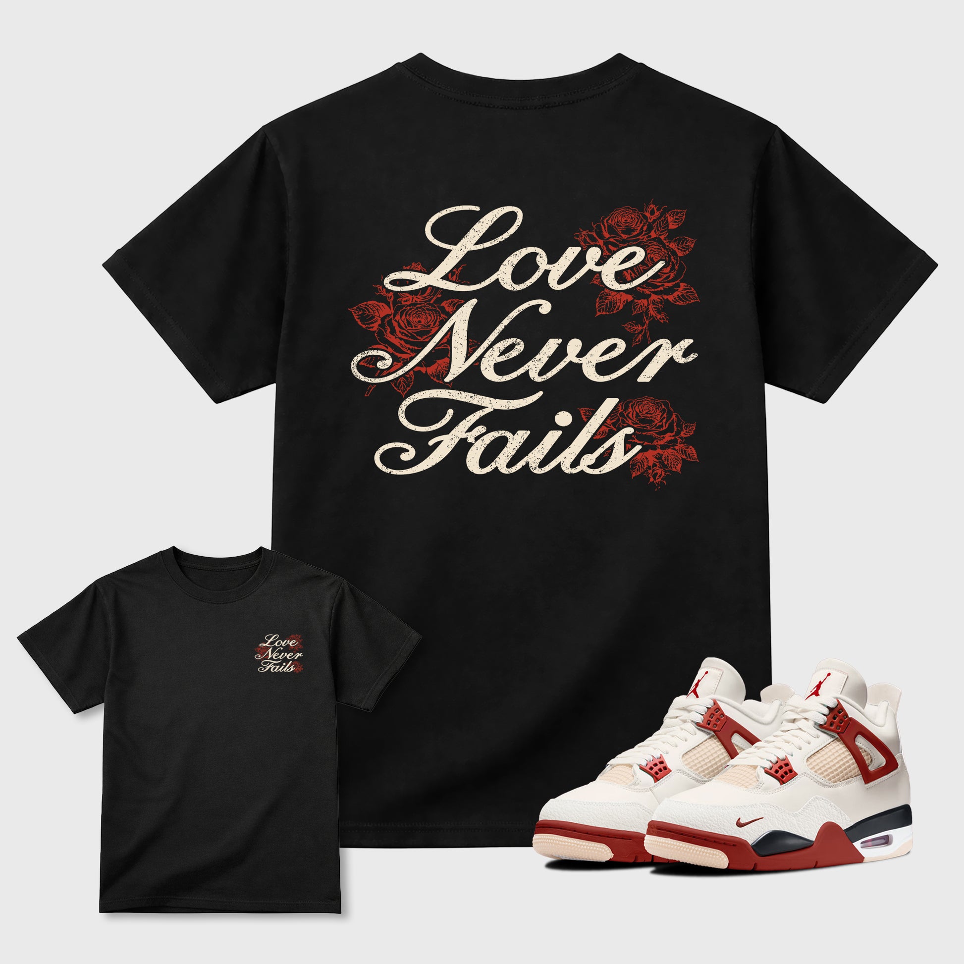 Love Never Fails front and back graphic t-shirt styled to complete your outfit with the4s Nigel Sylvester x Jordan 4 Brick after Brick, shown in Black.