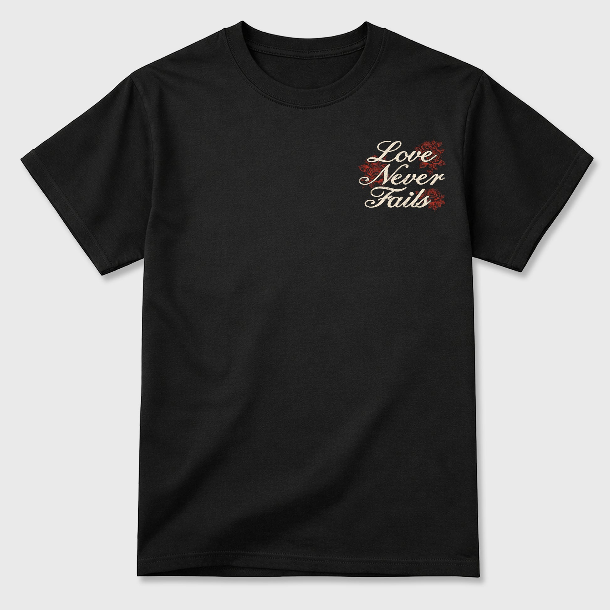 Love Never Fails front and back graphic t-shirt styled to complete your outfit with the4s Nigel Sylvester x Jordan 4 Brick after Brick, shown in Black.