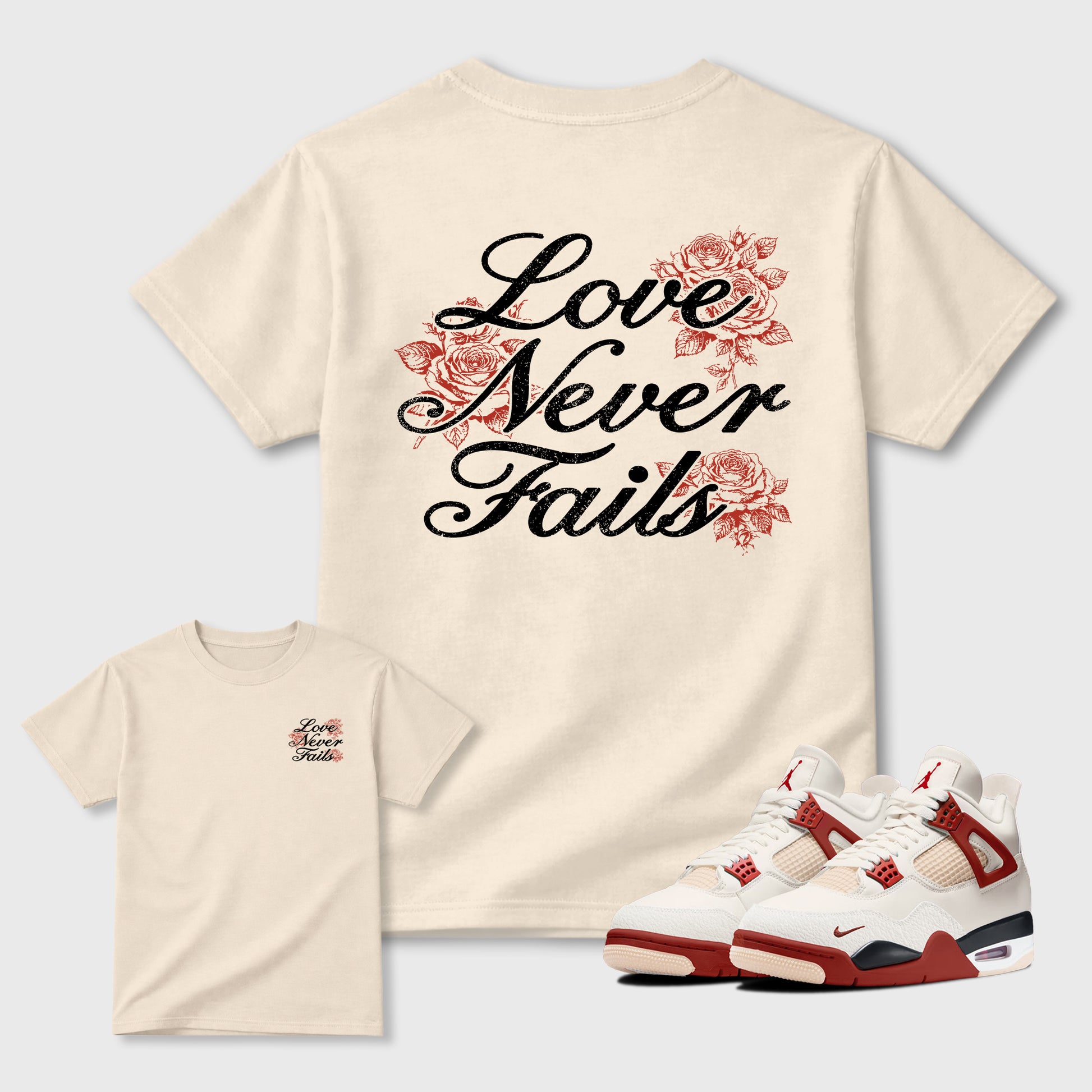 Love Never Fails front and back graphic t-shirt styled to complete your outfit with theAir Jordan 4 Brick After Brick sneakers, shown in Natural.