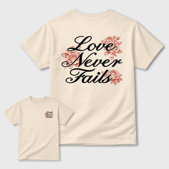 Love Never Fails front and back graphic t-shirt styled to complete your outfit with the4s Nigel Sylvester x Jordan 4 Brick after Brick, shown in Natural.
