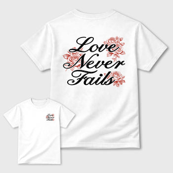 Love Never Fails front and back graphic t-shirt styled to complete your outfit with the4s Nigel Sylvester x Jordan 4 Brick after Brick, shown in White.