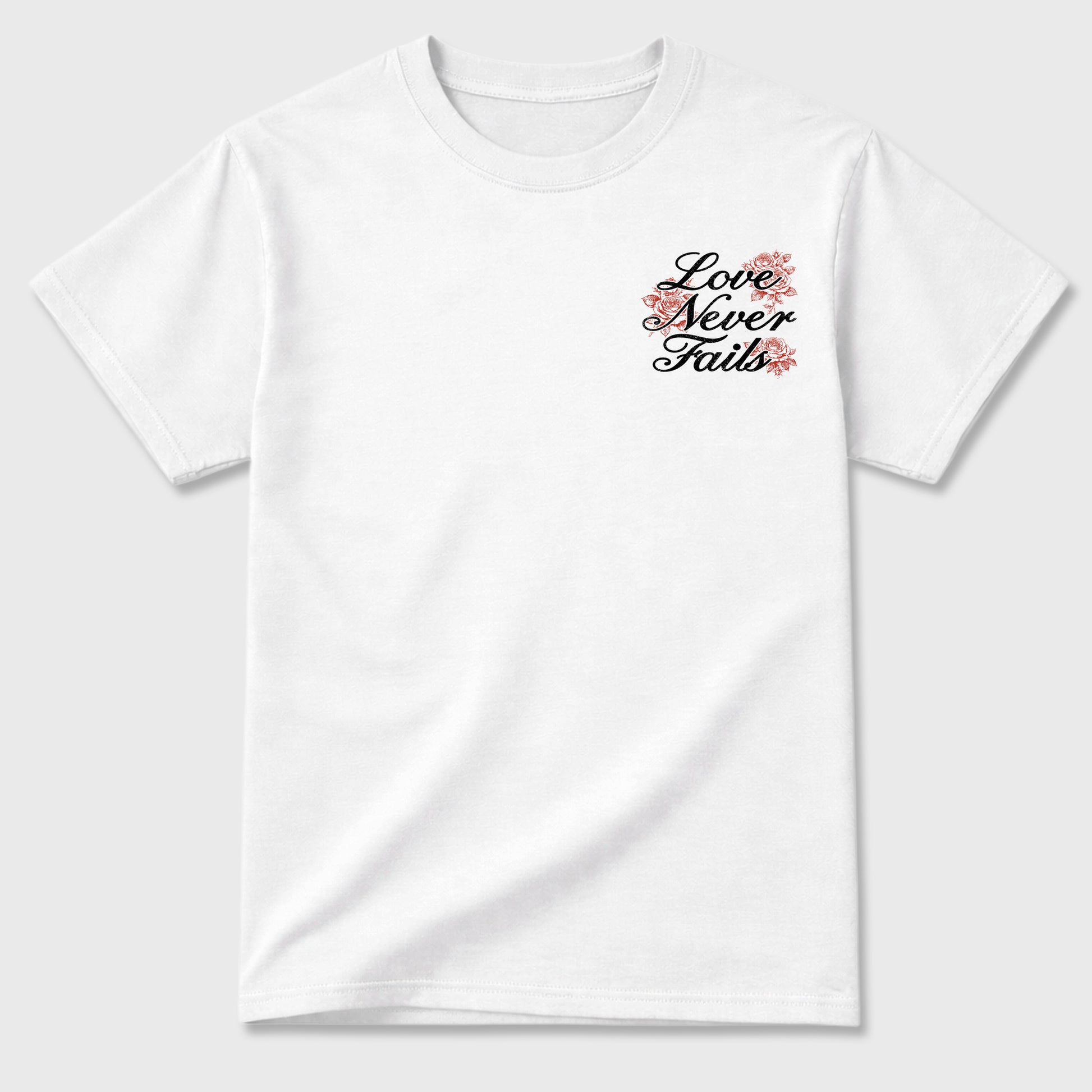 Love Never Fails front and back graphic t-shirt styled to complete your outfit with the4s Nigel Sylvester x Jordan 4 Brick after Brick, shown in White.