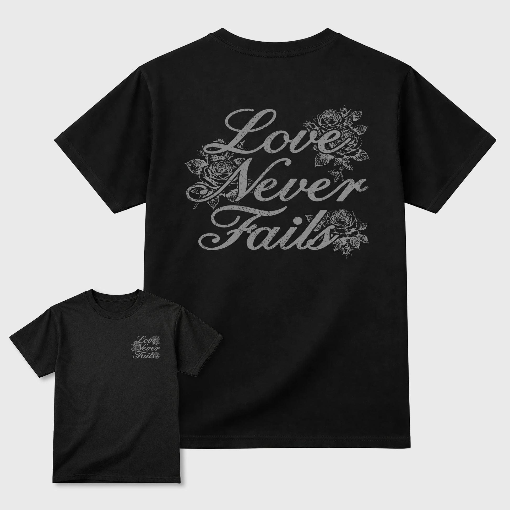 Love Never Fails graphic t-shirt styled to complete your sneaker outfit with the 6s Cap&Gown, shown in Black.