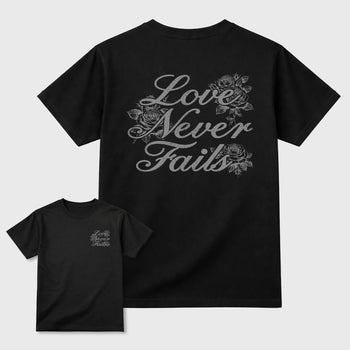 Love Never Fails graphic t-shirt styled to complete your sneaker outfit with the 6s Cap&Gown, shown in Black.