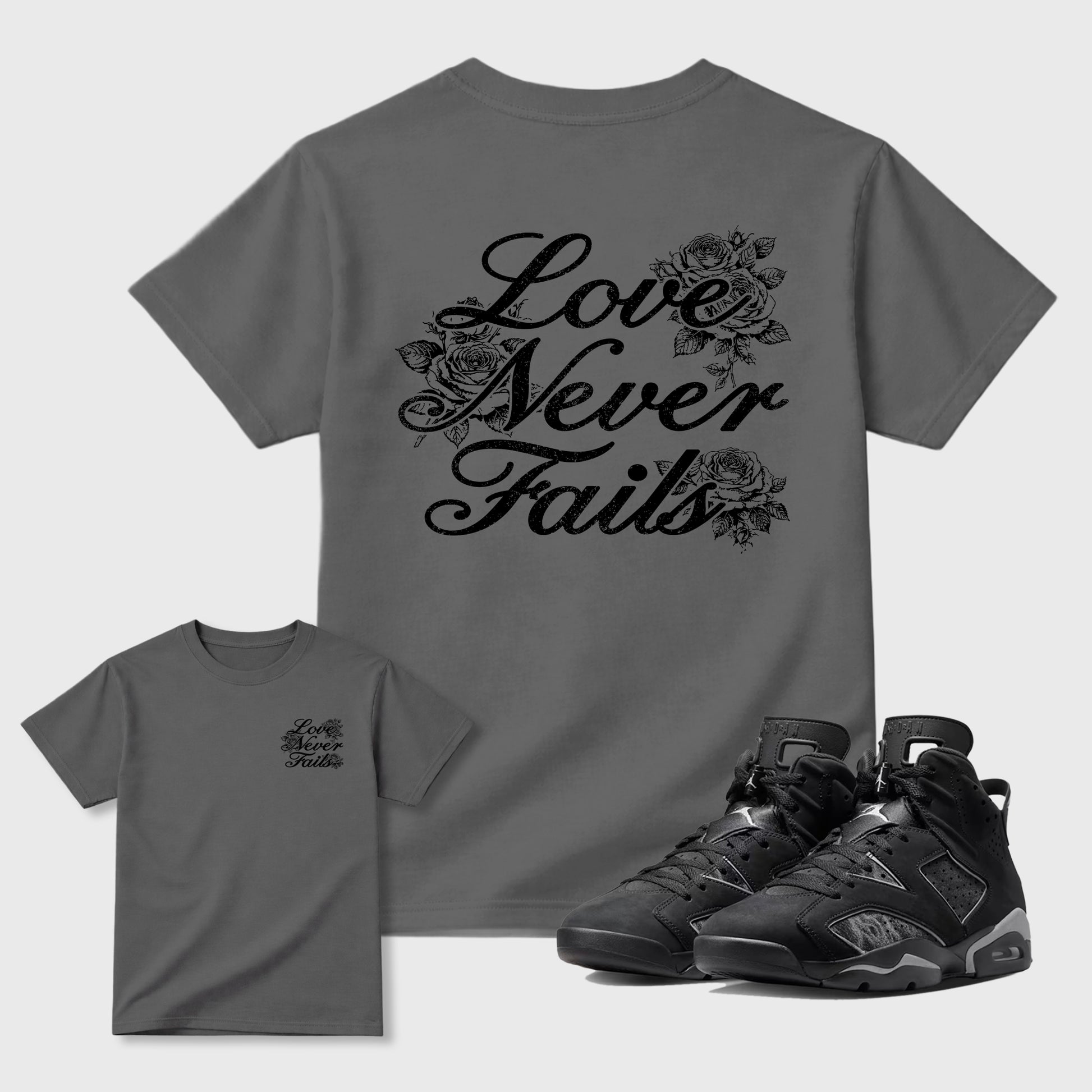 Love Never Fails graphic t-shirt styled to complete your sneaker outfit with the 6s Cap&Gown, shown in Cool Grey.