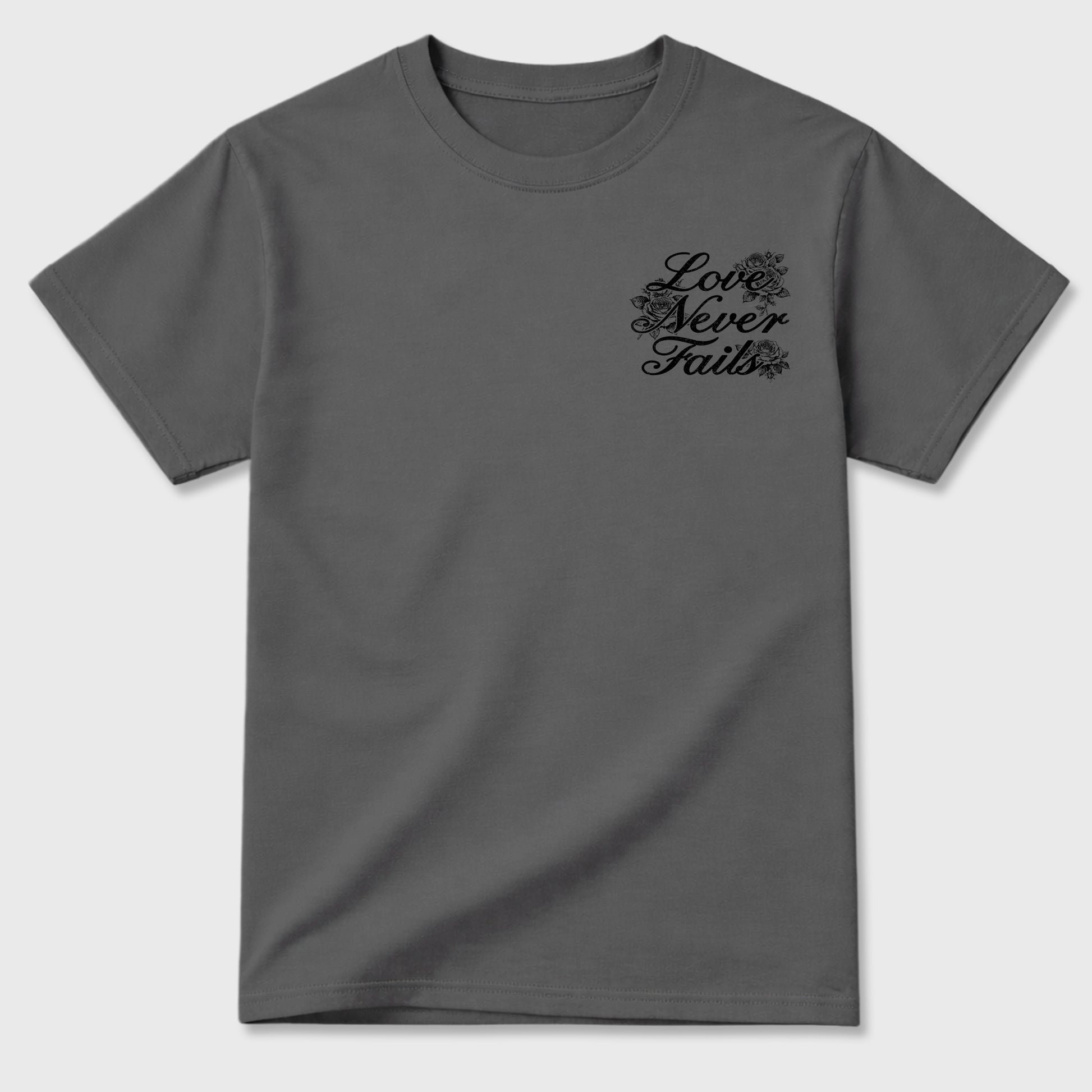 Love Never Fails graphic t-shirt styled to complete your sneaker outfit with the 6s Cap&Gown, shown in Cool Grey.