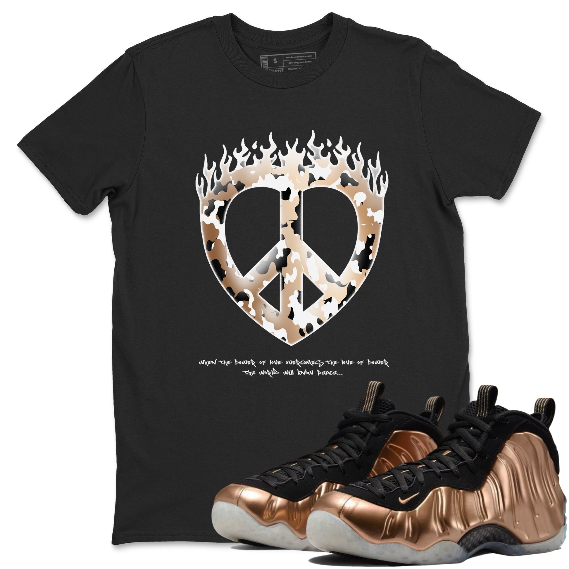 Foams One Metallic Copper shirts to match jordans Love Peace sneaker match tees Air Foamposite One Metallic Copper match shoes to clothes SNRT Sneaker Tees unisex cotton Black 1 shirts