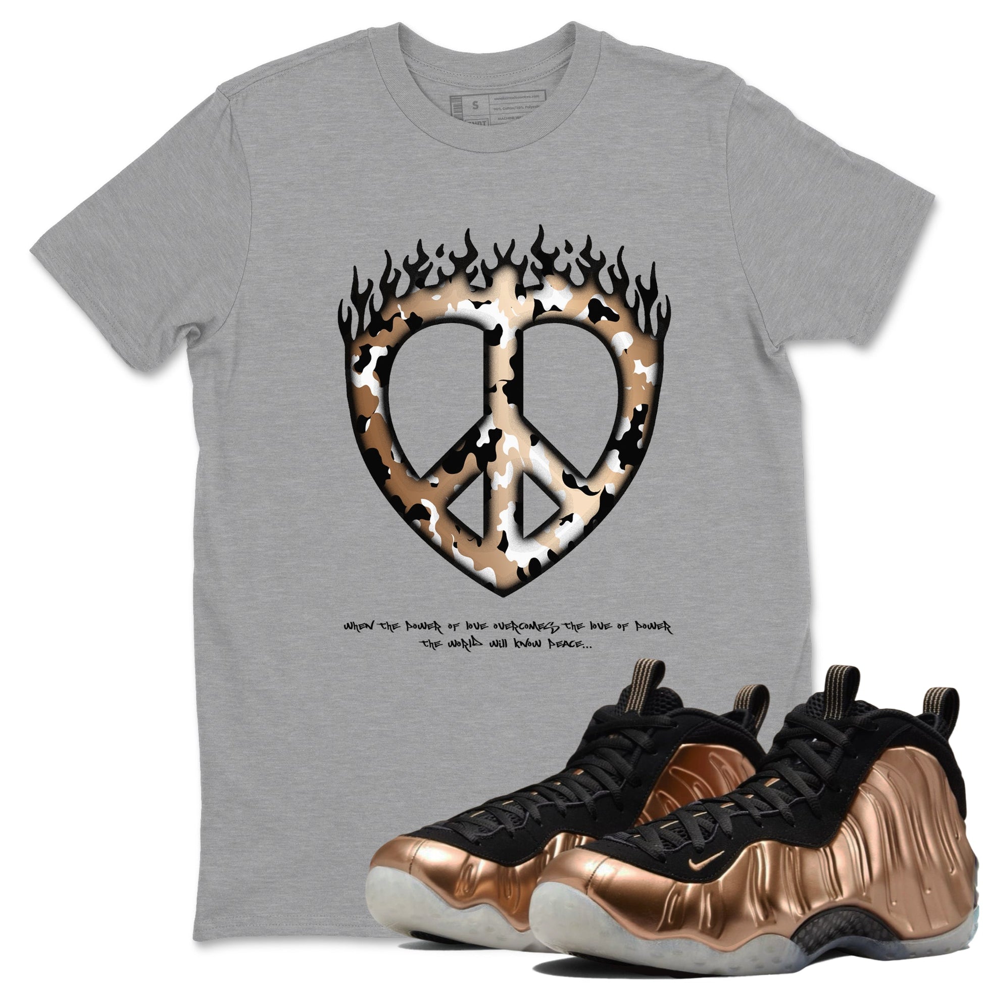 Foams One Metallic Copper shirts to match jordans Love Peace sneaker match tees Air Foamposite One Metallic Copper match shoes to clothes SNRT Sneaker Tees unisex cotton Heather Grey 1 shirts